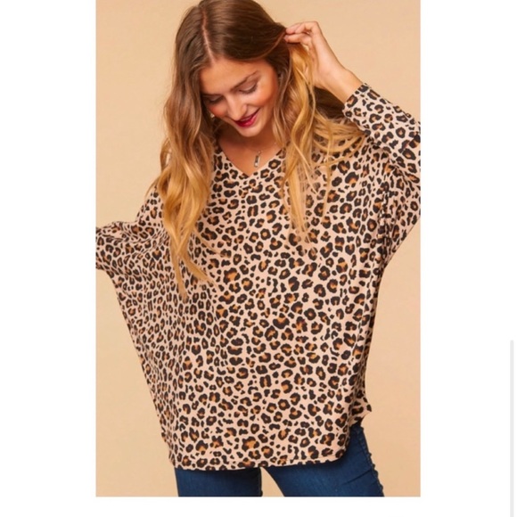 Haptics Tops - 10 Haptics Plus Leopard Animal Print V-Neck Dolman